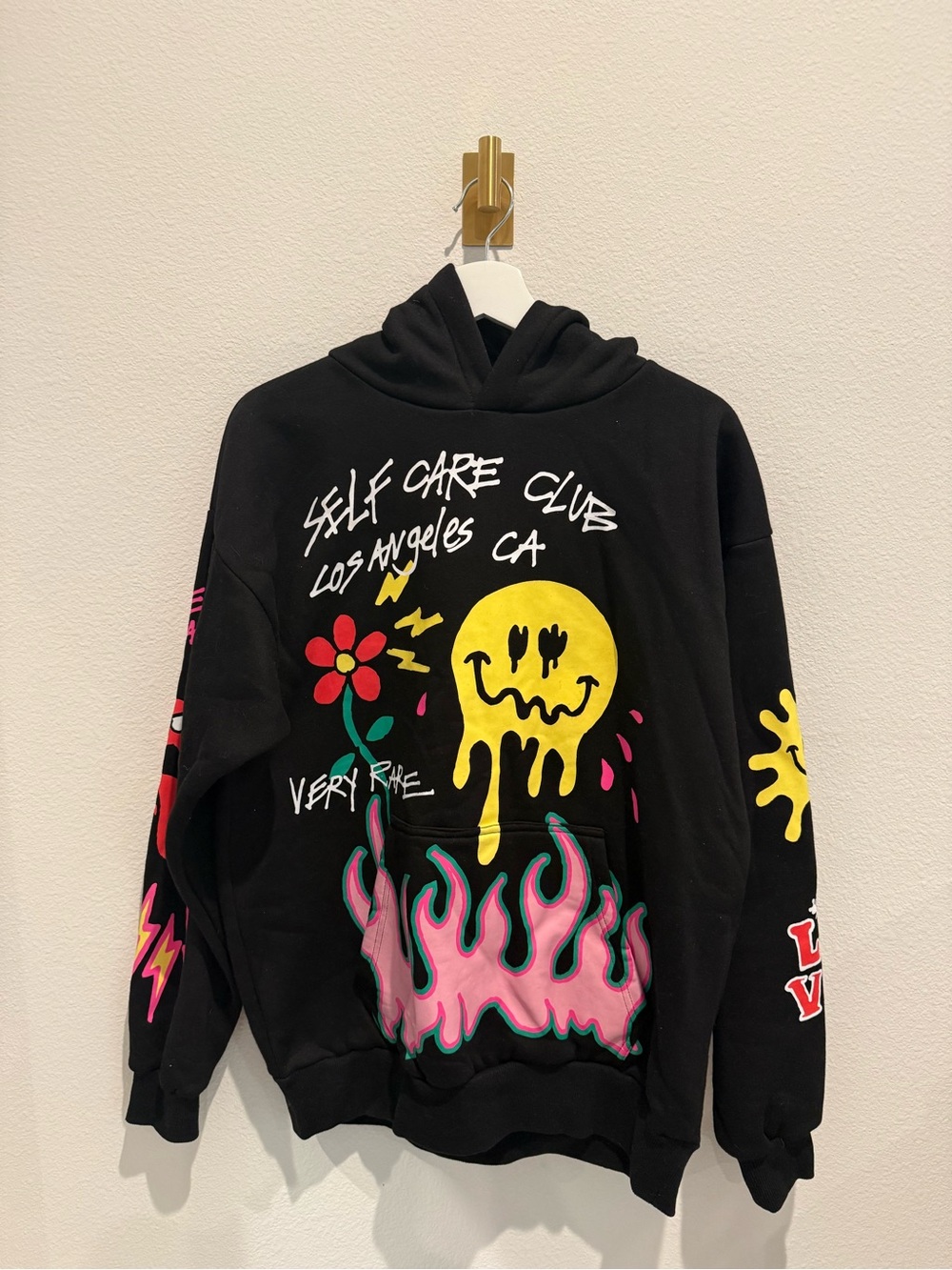*RARE* PacSun Black Crewneck Hoodie with Yellow Smiley & Pink Flames MENS SMALL